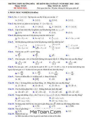 Đề minh họa cuối kỳ 1 Toán 10 (KNTTVCS) năm 2022 – 2023 THPT Hướng Hóa – Quảng Trị