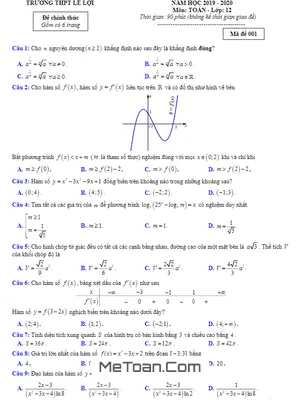 Đề thi học kỳ 1 Toán 12 năm 2019 - 2020 trường THPT Lê Lợi - Thanh Hóa