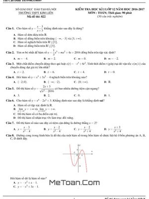 Đề thi HK1 Toán 12 năm 2016 - 2017 trường THPT Kim Liên - Hà Nội - Full Đáp Án