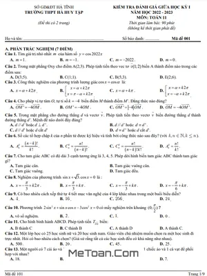 Đề Thi Giữa Kỳ 1 Toán 11 Năm 2022-2023 Trường THPT Hà Huy Tập - Hà Tĩnh