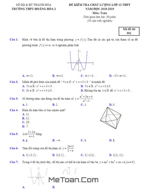 Đề kiểm tra chất lượng Toán 12 THPT năm 2018 - 2019 trường Hoằng Hóa 2 - Thanh Hóa