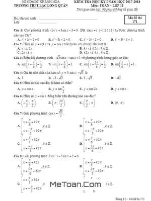 Đề kiểm tra học kỳ 1 Toán 11 năm 2017 - 2018 trường THPT Lạc Long Quân - Khánh Hòa (có đáp án)