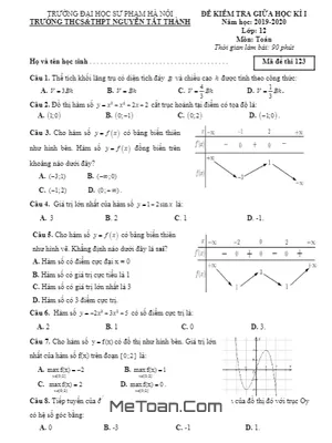 Đề thi giữa kì 1 Toán 12 năm 2019 - 2020 trường Nguyễn Tất Thành - Hà Nội