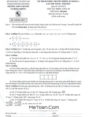 Đề Olympic 30 Tháng 4 Toán 10 Năm 2023 Trường Chuyên Lê Hồng Phong - TP HCM