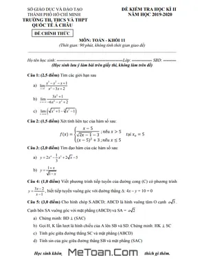 Đề thi học kì 2 Toán 11 năm 2019 - 2020 trường Quốc tế Á Châu - TP HCM