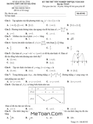 Đề thi thử THPTQG 2020 môn Toán trường THPT chuyên Hà Tĩnh - Mã đề 002