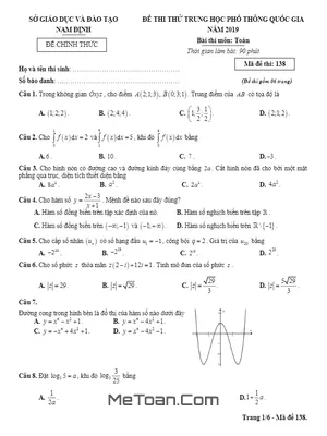 Đề thi thử THPT Quốc gia môn Toán năm 2019 sở GD&ĐT Nam Định