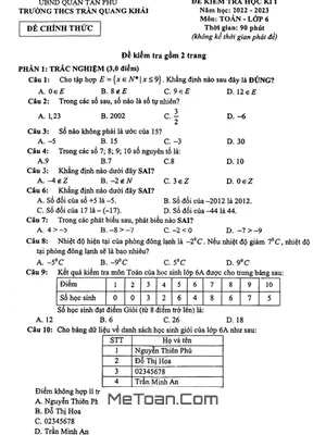 Đề thi học kì 1 Toán 6 năm 2022 - 2023 trường THCS Trần Quang Khải - TP HCM