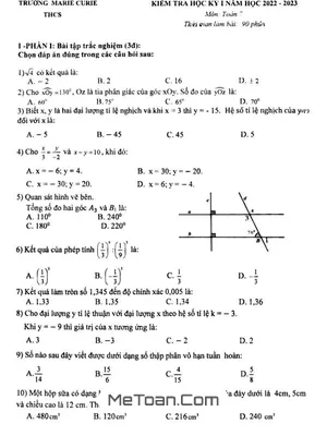 Đề kiểm tra học kỳ 1 Toán lớp 7 năm 2022 - 2023 trường Marie Curie - Hà Nội