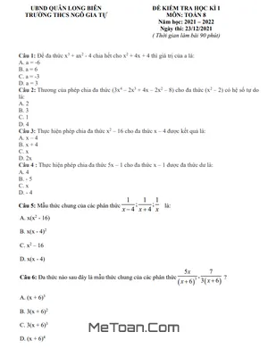 Đề thi học kì 1 Toán 8 năm 2021 - 2022 trường THCS Ngô Gia Tự - Hà Nội