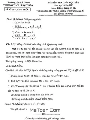 Đề Thi Giữa Kì 2 Môn Toán Lớp 8 Năm 2022 - 2023 Trường THCS Lê Quý Đôn - Hà Nội