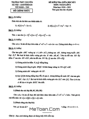 Đề thi giữa HK1 Toán 8 năm 2020 - 2021 trường chuyên Hà Nội - Amsterdam