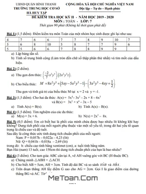 Đề thi học kì 2 Toán 7 năm 2019 - 2020 trường THCS Hà Huy Tập - TP HCM (có đáp án)