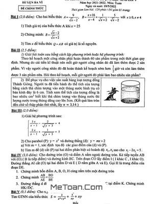 Đề thi chất lượng Toán 9 năm 2021 - 2022 phòng GD&ĐT Ba Vì - Hà Nội