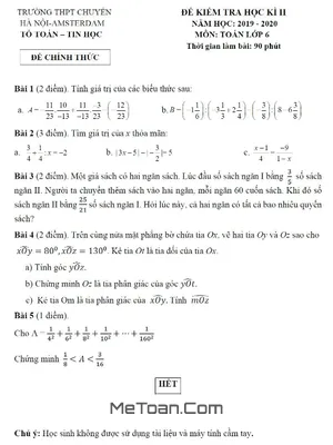 Đề thi học kỳ 2 Toán lớp 6 năm 2019 - 2020 trường THPT Chuyên Hà Nội - Amsterdam