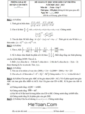 Đề Giao Lưu HSG Toán 7 Năm 2022 - 2023 Phòng GD&ĐT Cẩm Thủy - Thanh Hóa