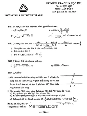 Đề thi giữa kì 1 Toán 9 năm 2020 - 2021 trường Lương Thế Vinh - Hà Nội
