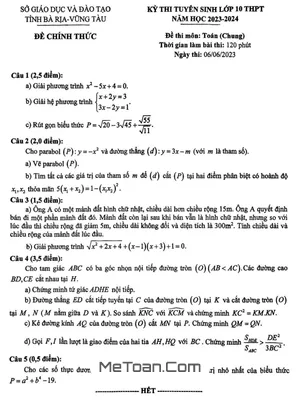 Đề thi tuyển sinh lớp 10 môn Toán (chung) năm 2023 - 2024 Sở GD&ĐT Bà Rịa – Vũng Tàu