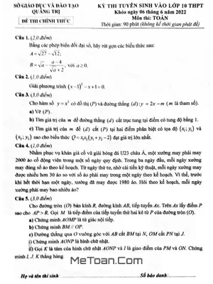 Đề thi tuyển sinh lớp 10 môn Toán năm 2022 - 2023 Sở GD&ĐT Quảng Trị