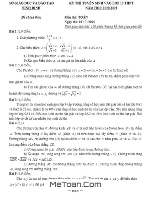 Đề thi tuyển sinh lớp 10 môn Toán năm 2020 - 2021 Sở GD&ĐT Bình Định