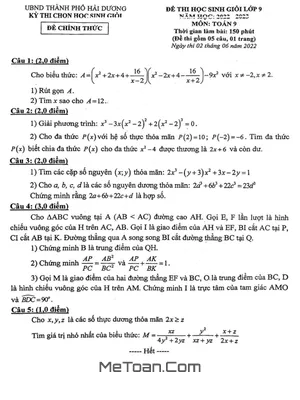 Đề thi học sinh giỏi Toán 9 năm 2022 - 2023 phòng GD&ĐT thành phố Hải Dương
