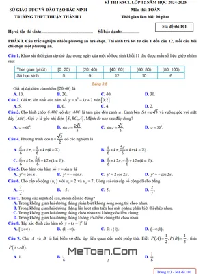 Đề khảo sát Toán 12 năm 2024 - 2025 trường THPT Thuận Thành 1 - Bắc Ninh