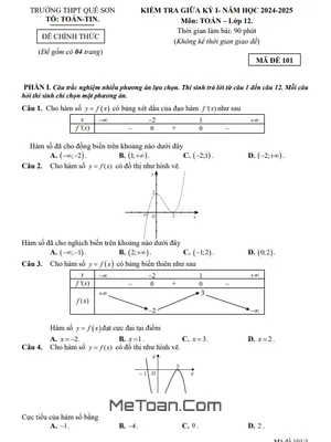 Đề Thi Giữa Kỳ 1 Toán 12 Năm 2024 - 2025 Trường THPT Quế Sơn - Quảng Nam