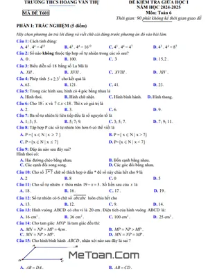 Đề thi giữa kỳ 1 Toán lớp 6 năm 2024 - 2025 trường THCS Hoàng Văn Thụ - Bắc Giang