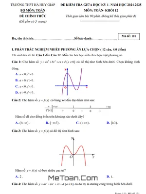 Đề giữa kỳ 1 Toán 12 năm 2024 - 2025 trường THPT Hà Huy Giáp - Cần Thơ