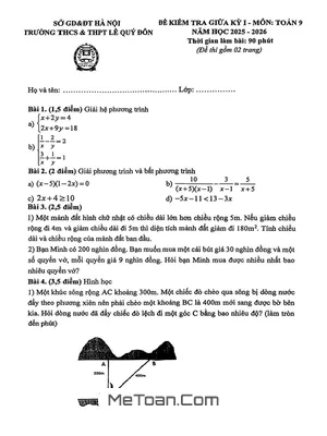 Đề Thi Giữa Kỳ 1 Môn Toán Lớp 9 Năm Học 2025 - 2026 Trường Lê Quý Đôn, Hà Nội