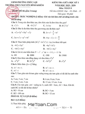 Đề Thi Giữa Kỳ 1 Môn Toán Lớp 8 Năm Học 2025-2026 THCS Nguyễn Bỉnh Khiêm, Hà Nội (File Mới Nhất)