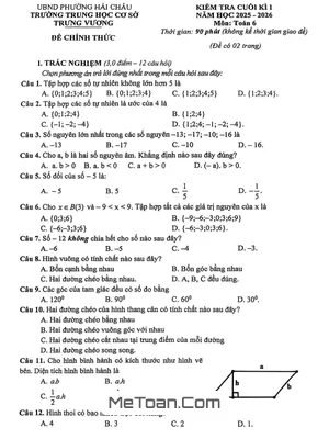 Đề Thi Cuối Học Kỳ 1 Toán 6 Trường THCS Trưng Vương Đà Nẵng 2025 - 2026