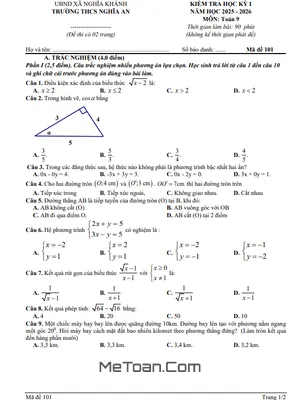 Đề thi học kỳ 1 Toán 9 năm học 2025 - 2026 trường THCS Nghĩa An - Nghệ An