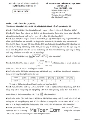 Đề Thi Olympic Toán 11 Năm 2025-2026 Cụm Trường THPT Số 10 – Hà Nội