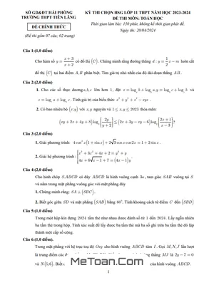 Đề thi chọn HSG Toán 11 năm 2023 - 2024 trường THPT Tiên Lãng - Hải Phòng