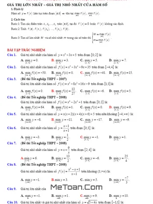 Tóm Tắt Lý Thuyết Và Bài Tập Trắc Nghiệm Giá Trị Lớn Nhất, Giá Trị Nhỏ Nhất Của Hàm Số