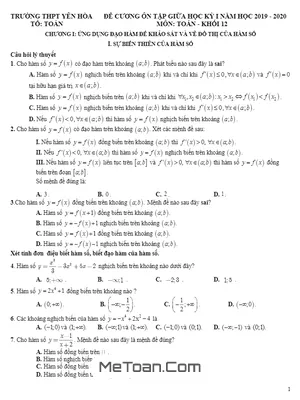 Đề Cương Ôn Tập Giữa HK1 Toán 12 Năm 2019 - 2020 Trường Yên Hòa - Hà Nội