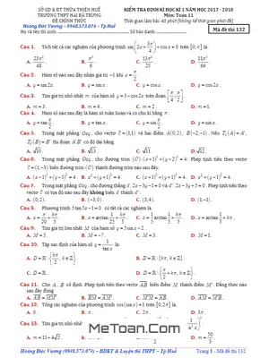 Đề kiểm tra định kỳ học kỳ 1 môn Toán 11 năm 2017 - 2018 trường THPT Hai Bà Trưng - TT. Huế