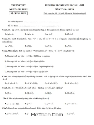 Đề thi học kì 1 Toán 10 năm 2021 – 2022 trường THPT Nguyễn Gia Thiều – Hà Nội