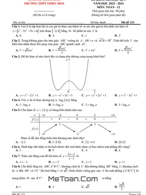 Đề thi học kì 1 Toán 12 năm 2023 - 2024 trường THPT Thiệu Hóa - Thanh Hóa