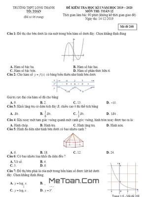 Đề thi học kì 1 Toán 12 năm 2019 - 2020 trường Long Thạnh - Kiên Giang