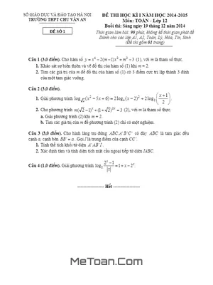 Trọn Bộ Đề thi HK1 lớp 12 ban nâng cao trường Chu Văn An – Hà Nội năm học 2014 - 2015