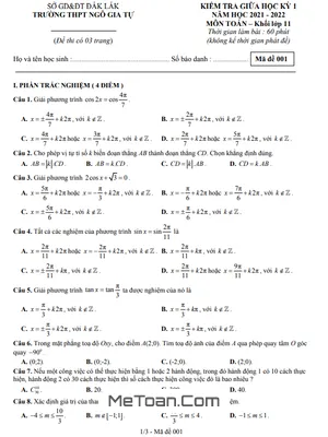Đề thi giữa HK1 Toán 11 năm 2021 - 2022 trường THPT Ngô Gia Tự - Đắk Lắk
