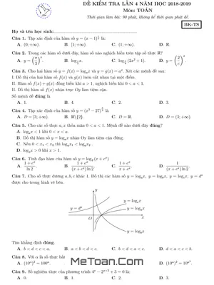 Đề kiểm tra Toán 12 lần 4 năm 2018 - 2019 trường THCS & THPT Nguyễn Khuyến - Bình Dương