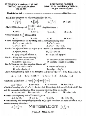 Đề thi học kì 2 môn Toán lớp 10 năm 2020 - 2021 trường THPT Nhân Chính - Hà Nội (Mã đề 485)
