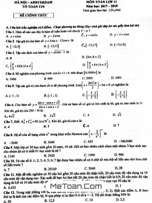 Đề thi học kỳ 1 Toán 11 năm 2017 - 2018 trường THPT chuyên Hà Nội - Amsterdam (có đáp án)