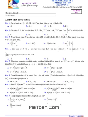 Đề thi học kỳ 2 Toán 12 năm 2019 - 2020 trường THPT chuyên Hạ Long - Quảng Ninh