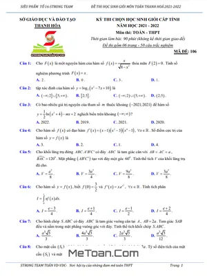 Đề thi học sinh giỏi cấp tỉnh Toán THPT năm 2021 - 2022 sở GD&ĐT Thanh Hóa