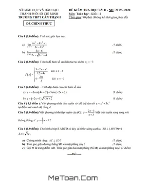 Đề thi học kì 2 Toán 11 năm 2019 - 2020 trường THPT Cần Thạnh - TP HCM có lời giải