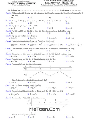 Đề Thi Thử Tốt Nghiệp THPT 2020 Môn Toán Trường Phan Đình Phùng - Quảng Bình